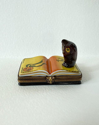 Limoges France Peint Main - Happy Halloween Book with Owl - Porcelain Hand Paint