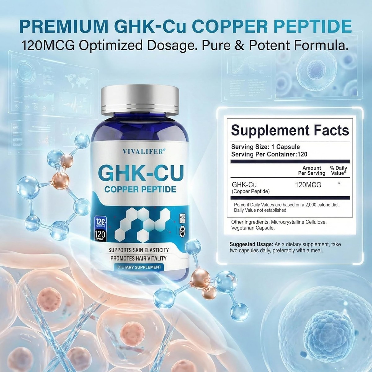 GHK-Cu Copper Peptide Supplement, Promotes Skin Repair, Reduces Wrinkles