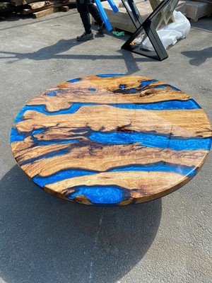 Round Dining Table, Custom 44  Diameter Round Olive Wood Shiny Table, Ocean Blue