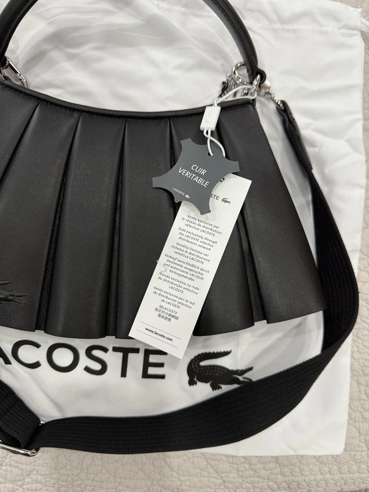 LACOSTE S Lenglen Small Pleated Shoulder Bag Black Genuine Leather Unisex New - Image 3 of 4