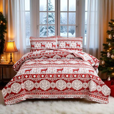 3 Pcs Red Gray Christmas Reindeer Bedding Quilt Set Full/Queen Size Xmas Deer Be