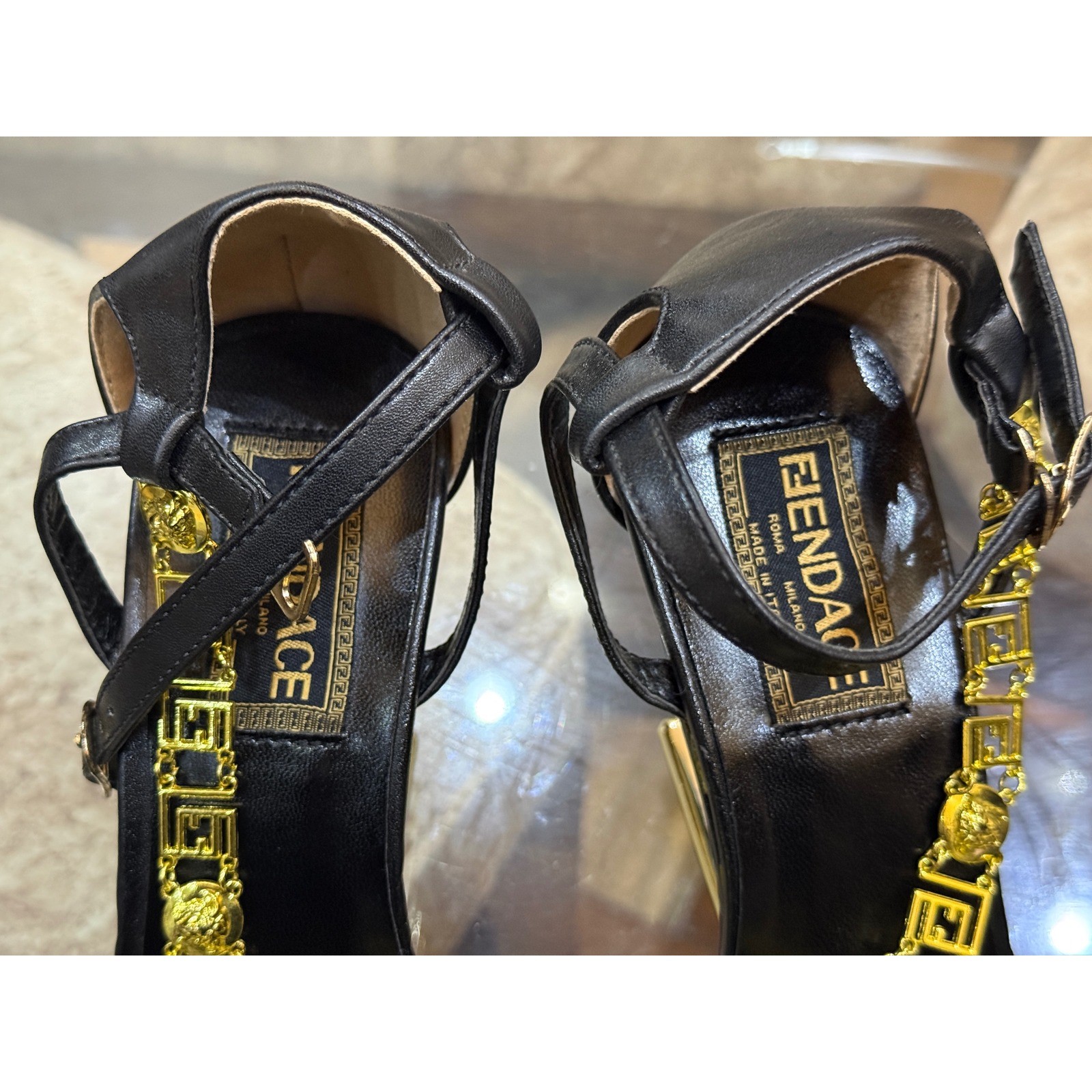 Fendace Fendi x Versace First Gold Heel Sandals Black Leather Medusa Greca 38 image 4