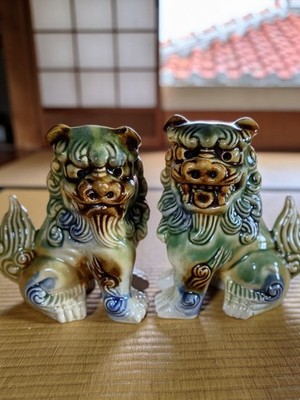 Vintage Okinawa Shisa Foo Dogs Pair Ryukyuan Pottery Green Glaze