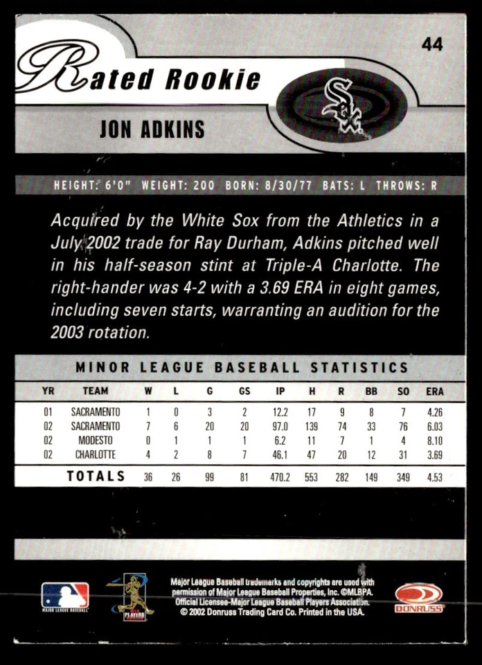 2003 Donruss Jon Adkins Rookie Chicago White Sox #44 - Image 2 of 2