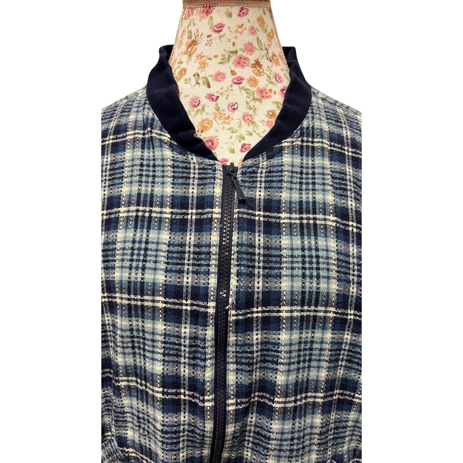 🧥 Basic Editions XL Plaid Bomber Jacket Blue Vintage 90s Grunge Zip Casual - second product detail image