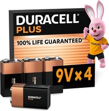 Duracell Plus 9V Alkaline Batteries MN1604 6LR61 4 Pack 100% Life Guaranteed