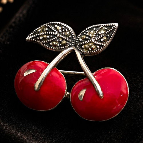 Vintage Sterling Silver 925 Marcasite Cherry Brooch Pin