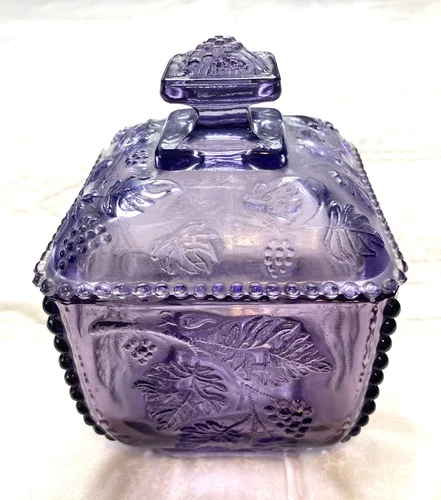 Fenton Amethyst Paneled & Lidded Candy Dish with Grapes & Leaves
