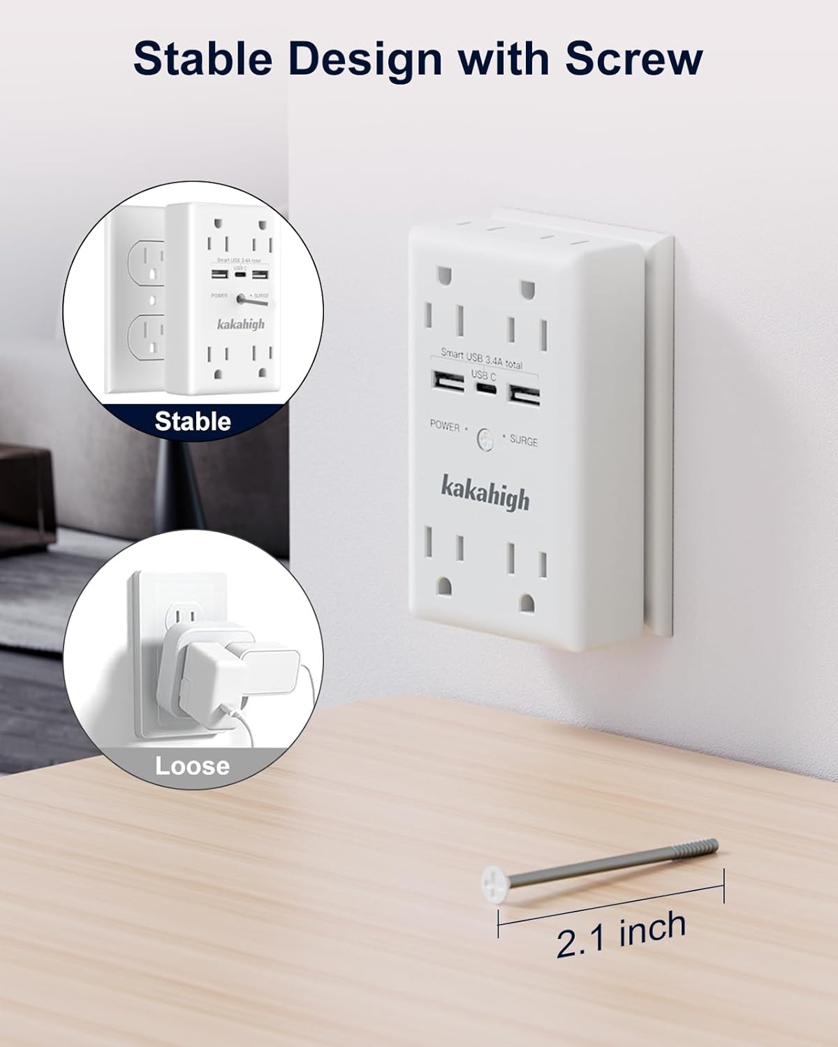 Wall Outlet Extender with Screw, 8 Way Outlets 1680J Surge White 