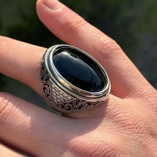Mens Handmade Large Onyx Gemstone Ring, Oval Onyx Ring