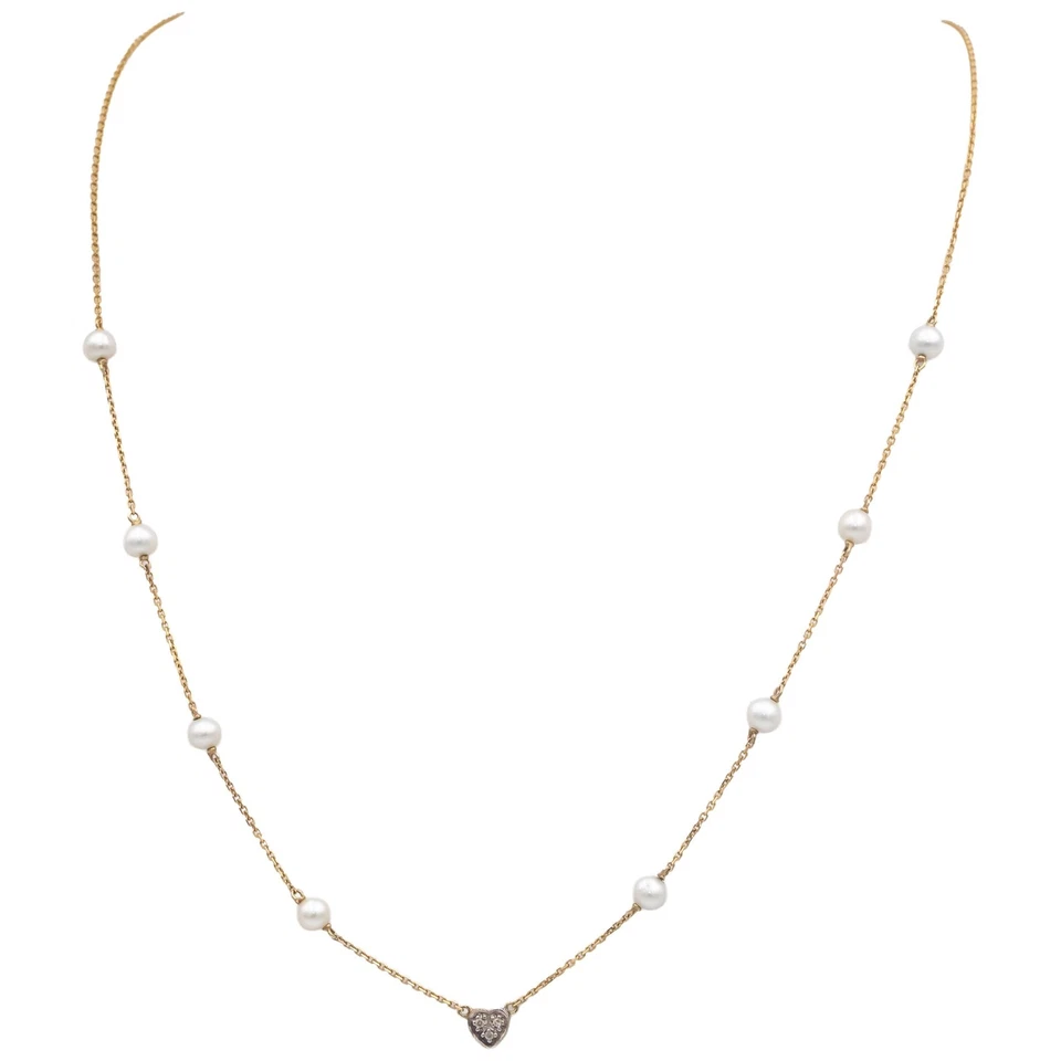 Ожерелье с цепочкой из желтого золота 14 карат с бриллиантами круглой огранки 0,03 карата и жемчугом 4,5 мм