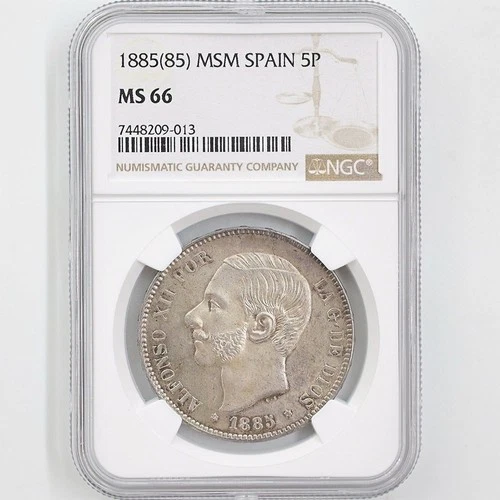 1885 (85) MSM Spain Alfonso XII 5 Pesetas 25.00Grams Silver Coin NGC MS 66