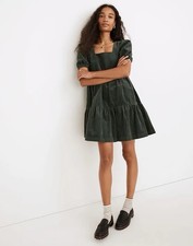 Madewell Short Sleeve Corduroy Aidy Square Neck Tiered Mini Dress - Forest - 14