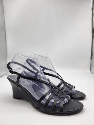 Sandali ECCO 39 8 5 cinturino pelle nero casual punta aperta zeppa sexy spiaggia