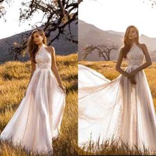 Crystal Design A Line Wedding Dresses High Neck Lace Applique Boho Bridal Gowns
