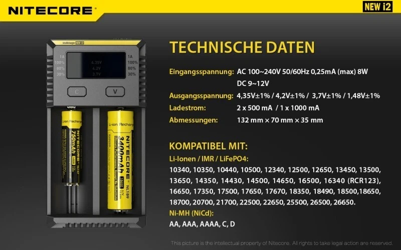 Nitecore Ladegerät Intellicharge NEW i2 mit 2 Ladeschächten NC-i2 - Bild 3 von 4