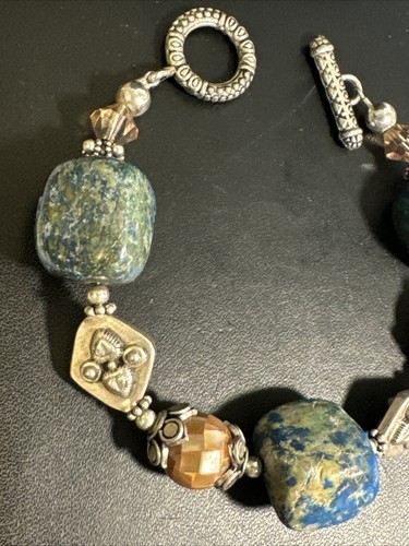 Chunky Azurite Malachit Gemstone Silver Tone Abalone Mop Mosaic bracelet - Picture 3 of 6