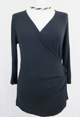 John Lewis Collection Faux Wrap Top Size M Black Twist Knot 3/4 Sleeves Jersey
