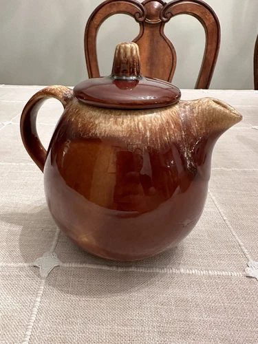 Vintage HULL USA Brown Drip Glaze Rim 7" Teapot w Lid 1970's Pottery
