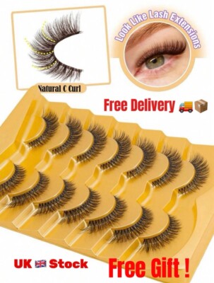 7 Paar falsche Wimpern Natural Style gekreuzt schwarz mit gebogenem & flauschigem Ende 