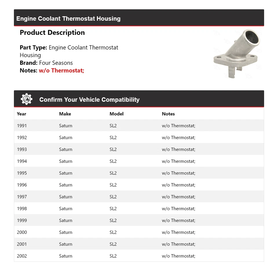 For 1991-2002 Saturn SL2 Engine Coolant Thermostat Housing 4 Seasons 1992 1993 - Image 2 of 4