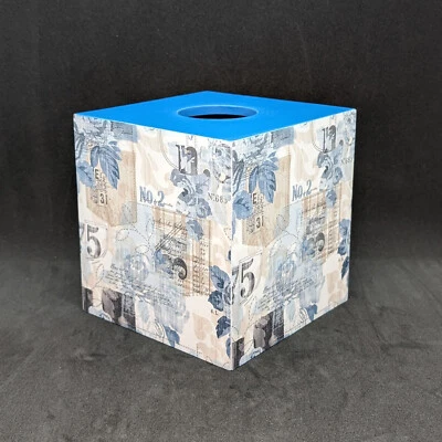 Handmade, decoupage, blue, beige, black & white pattern wooden tissue box cover - Image 1 of 4