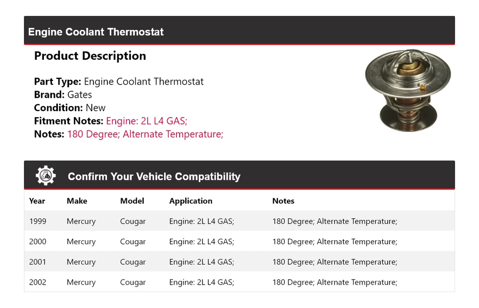 Para 1999-2002 Mercury Cougar 2L L4 GAS Motor Termostato de refrigerante Puertas 2000 2001 Foto 2 de 4