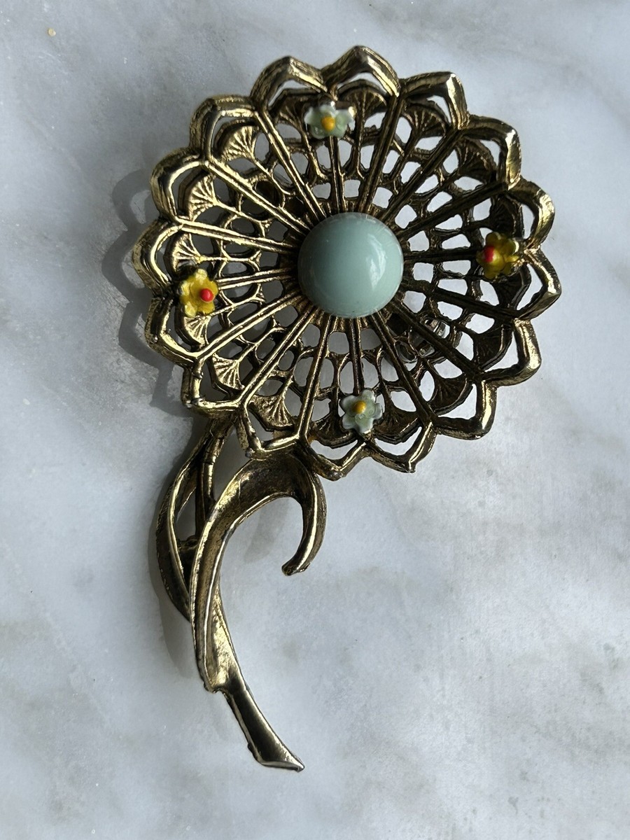 Vintage Brass Gold Tone and Enamel Floral Flower Brooch Pin Filigree Blue  Yellow