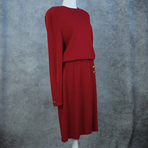 ST JOHN by Marie grau elegantes rotes Strickkleid goldene Verschlussakzente Größe 12 - Bild 3 von 9