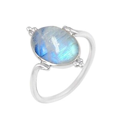 Women's Boho Natural Gemstone Sterling 925 Silver Rainbow Moonstone Ring~