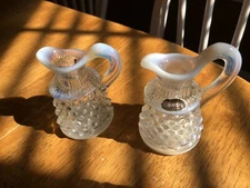 2 Fenton Opalescent Glass Hobnail Mini Vases Pitchers Clear White Moon Edge Vtg.
