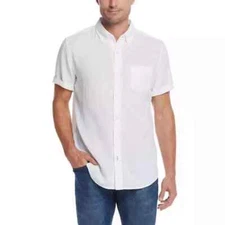 Weatherproof Vintage Men’s Washable Linen Short Sleeve Woven Shirt, White,Size S