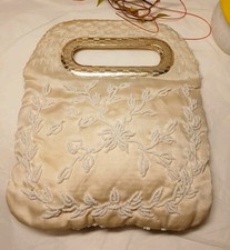 Vtg La Regale Beaded Handbag Cream Satin Beaded Gold Accents Evening Flaws 