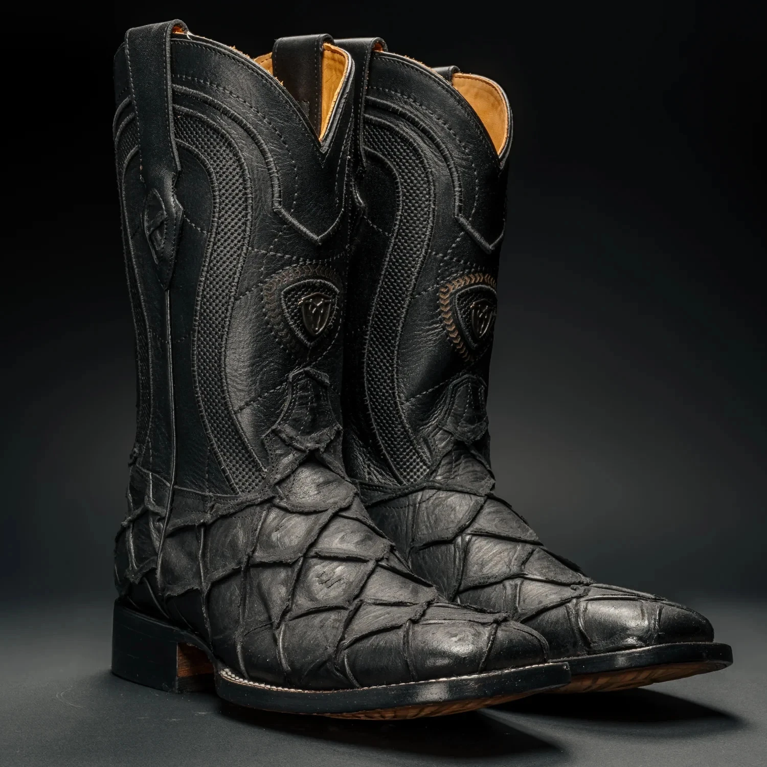 Genuine Leather Monster Fish Royal Pirarucu Print Square Toe Western Boots-Black