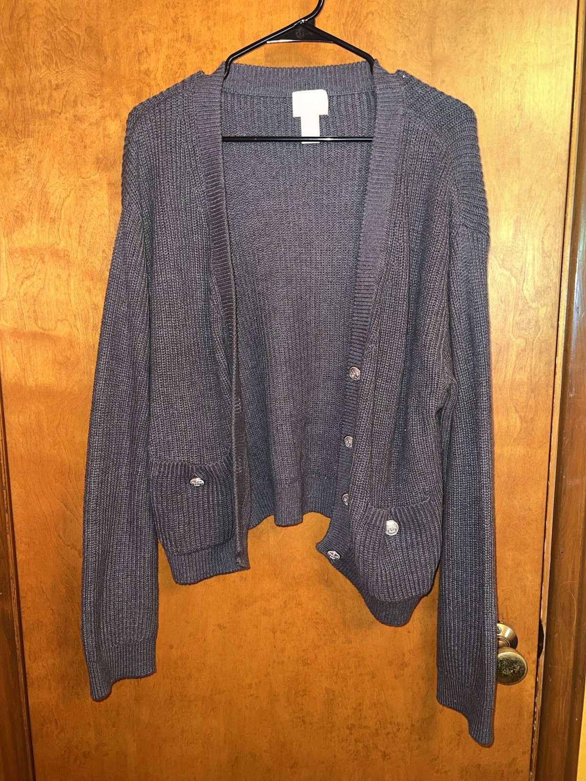 H&M Gray Rib-Knit Button Front Cardigan Sweater L Women's Long Sleeve Pockets