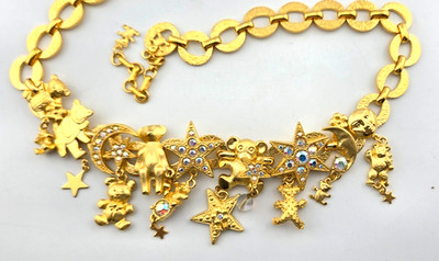 Kirks Folly Teddy Bear Picnic Charm Necklace Etched Chain GT Vintage #15