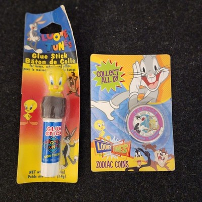 Looney Tunes Tweety Bird 1990s Desk Set Zodiac Libra Coin + Glue Stick NOS