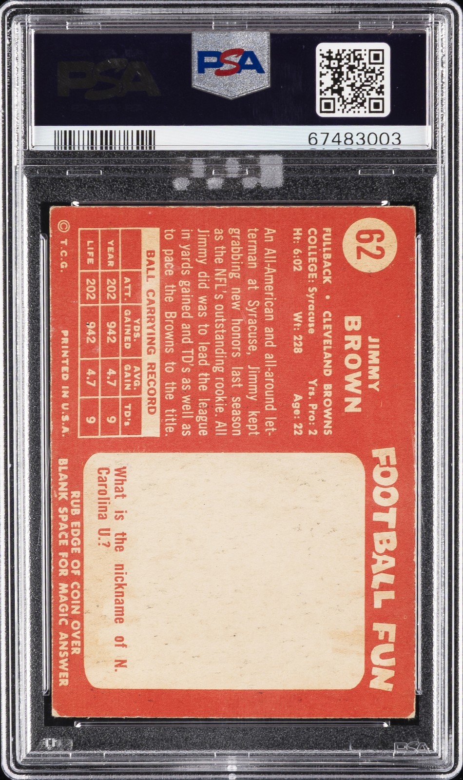 1958 TOPPS #62 JIM BROWN PSA 3 view 2