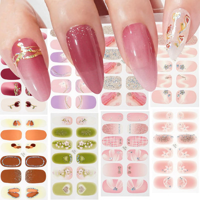 8 Sheets Semi Cured Gel Nail Strips Flower Wraps Colorful Polish Stickers Full W