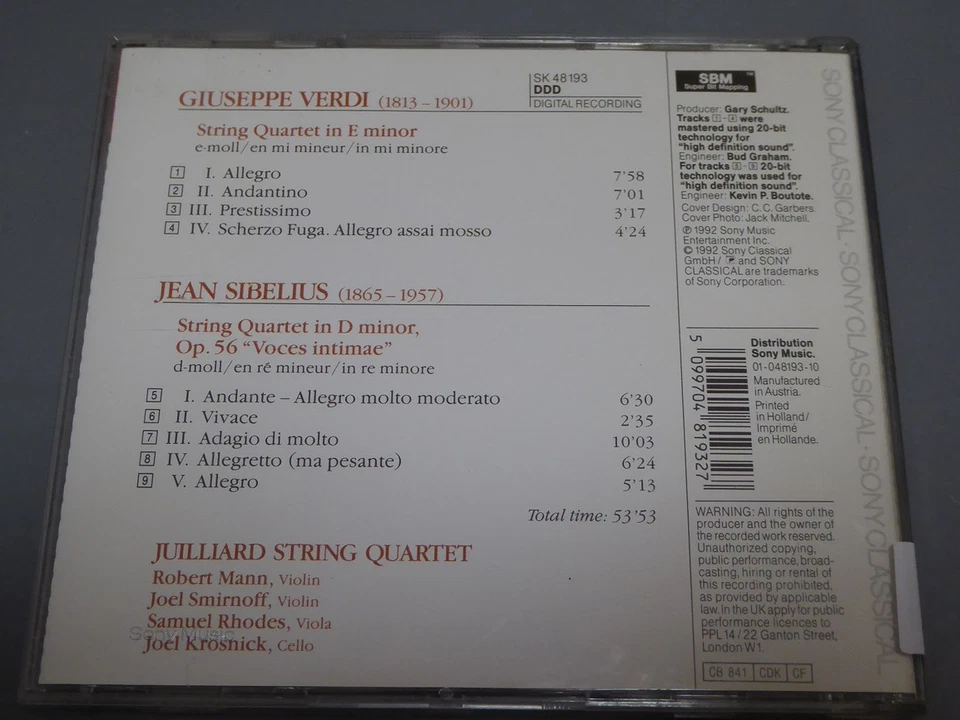 JULIAN STRING QUARTET verdi / sibelius NM/VG+ (CD Album, Classical) - Bild 4 von 4