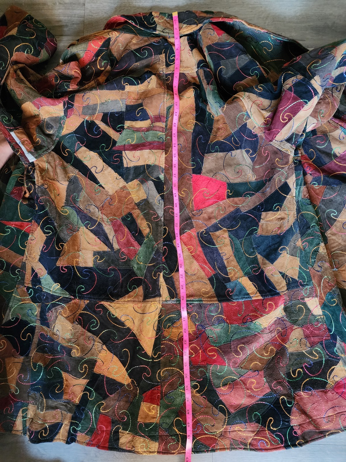 Boho Patchwork Suede Leather Duster Coat Multicol… - image 10