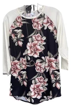 NEW 2.0 LuLaRoe Medium Black Mauve Green Floral Cream Sleeves Randy Baseball Tee