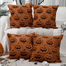 4 Pcs Halloween Pumpkin Ghost Throw Pillow Covers Faux Fur Decorative Fall Pi...