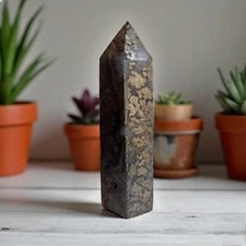 Golden Pyrite in Agate Tower Point UV Reactive | Healing Meditation Stone Decor