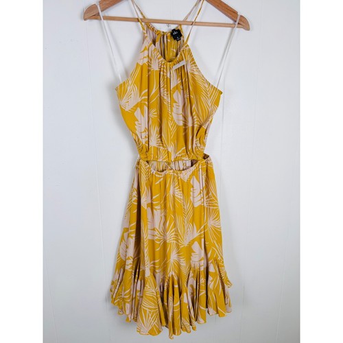 Aakaa Halter Cutout Mini Dress Tropical Print Ruffle Hem Yellow Small Vacation