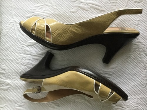SOFFT 10 M Tan/White Piping Crinkle Patent Leather PeepToe SlingBack Heels - Picture 5 of 7