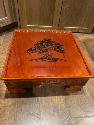 Vintage Carved Asian Serving Table Bonsai Stand High Shine Wood 17.5''X 17.5''X7''