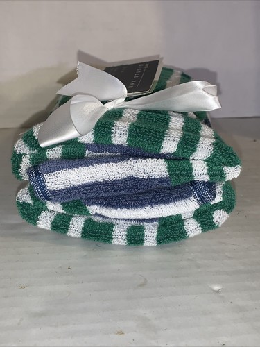 Max Studio Hand Towels (2) Blue Green White Stripes 100% Cotton 16 X 28” New NWT - Picture 4 of 5