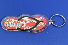 Vtg Acrylic Keyring Key Chain Aloha Hawaii Figural Flipflop Red Hibiscus Flower
