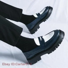 British Mens Leather Loafers Slip on Platform Business Round Toe Dress Shoes New